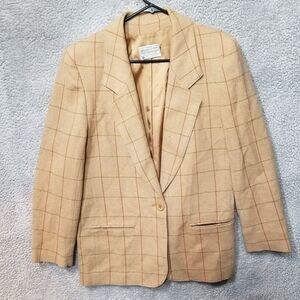 Vtg Pendleton Plaid Blazer Jacket Beige Virgin Wool‎ Womens MED Tan - SEE MEAS